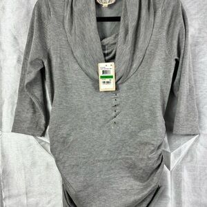 Pink Rose Cowl Neck 3/4  Sleeve Gray/Grey Sweater with Ruched Sides Large